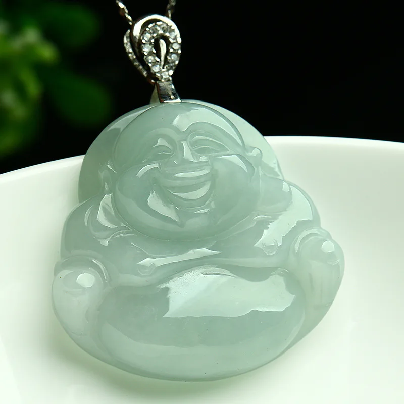 

Насыщенный влагой маленький нефритовый кулон Будды Майтреи из бирманского жадеита для женщин, в комплекте с цепочкой из серебра 925 пробы