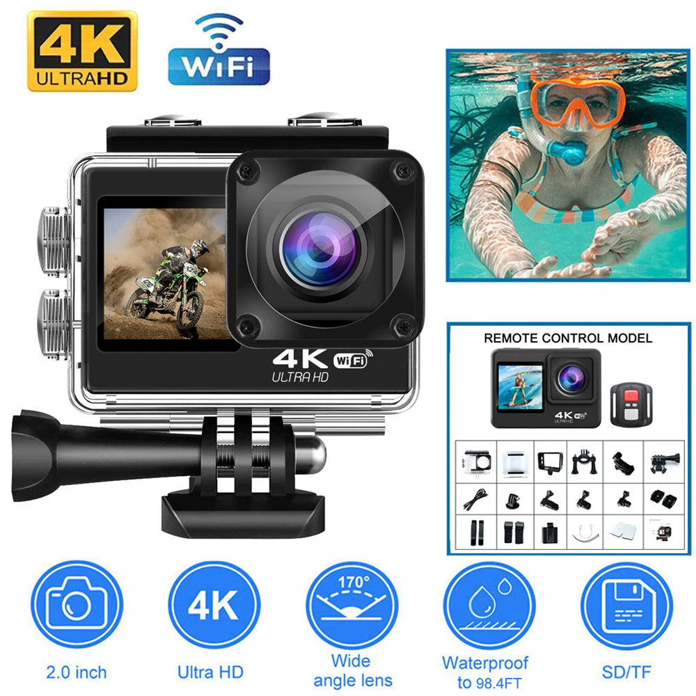 

Action Camera 4K 60FPS 16MP 2.0 Touch LCD EIS Dual Screen Wi-Fi 170D 30m Waterproof Remote Control 4X Zoom Go Sports Pro Cam