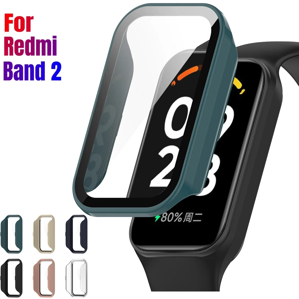 Coque de protection pour Xiaomi Redmi Band 2/Band 8, boîtier de montre, cadre PC dur actif + verre trempé, couverture complète