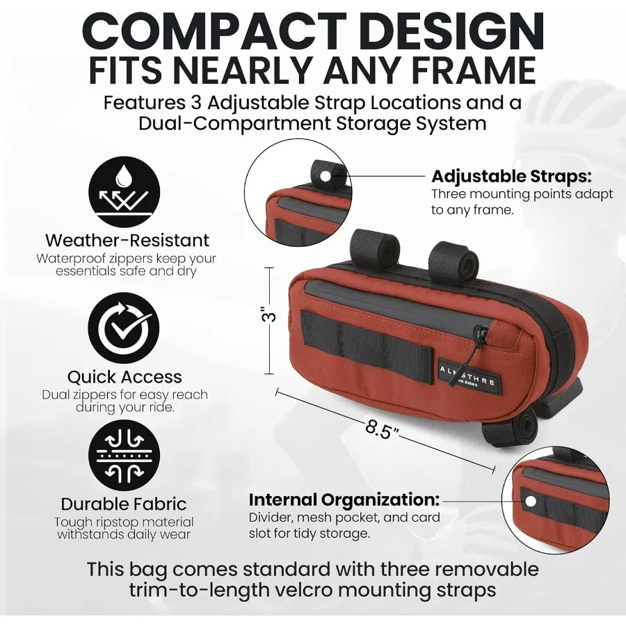 Pacote de bolsa de quadro compacto vermelho, ideal para aventuras de ciclismo e deslocamento diário, bolsa de quadro de bicicleta, bolsa de sela e passeio Walle