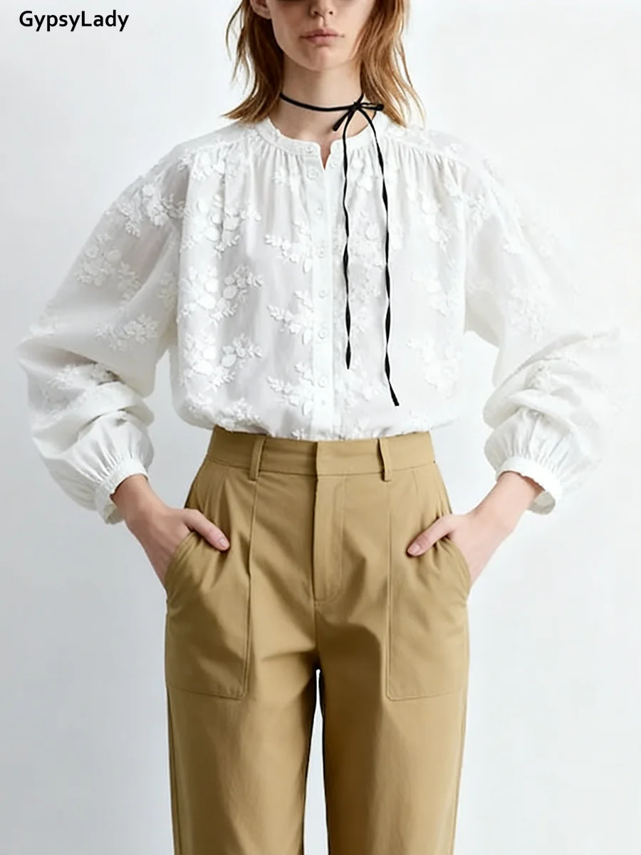 

French Style Floral-Appliqué Blouse Shirt White Flower Embroidery Women Cotton Spring Summer Long Sleeve Casual Ladies Tops New