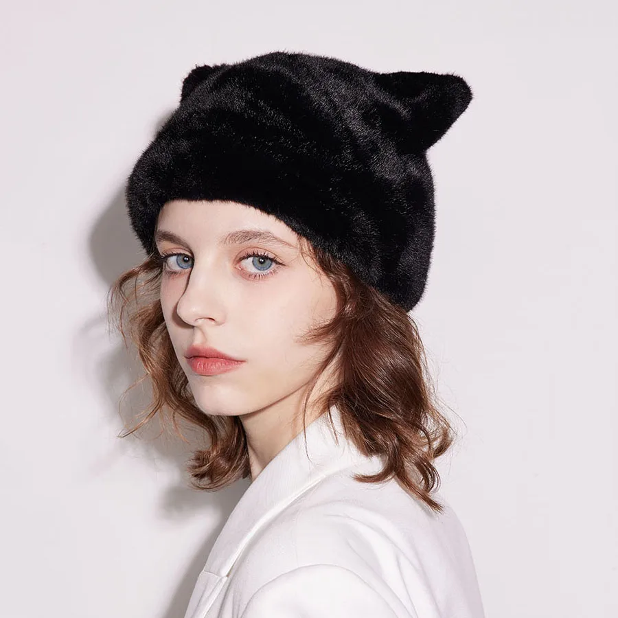 인기 스타 스타일 귀여운 고양이 귀 모양 인조 여우털 모자 여성 겨울 두꺼운 플리스 풀오버 캡 패션 비니 모자