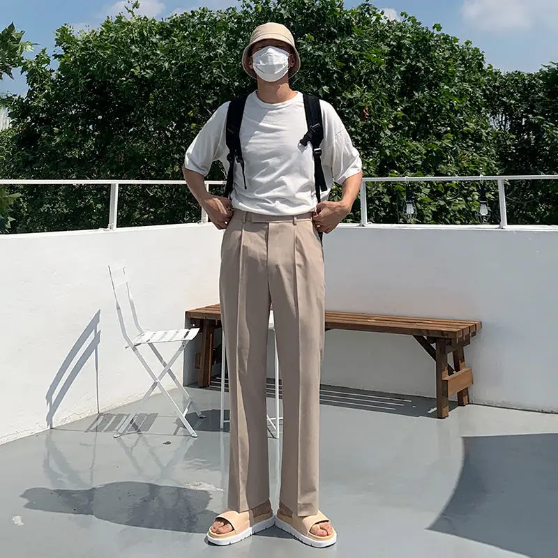 2023 Vintage Drape Pants Men Spring Summer Korean Solid Color Suit Pants Loose Straight Casual Clothing Button Trousers N17