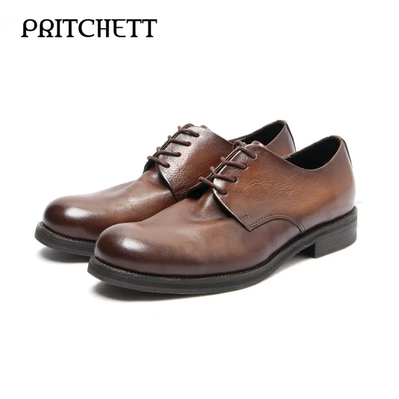 Hand-Brushed Distressed Leather Shoes with Round Toe Fashionable Genuine Leather Trendy Gentleman's Leather Shoes for Men