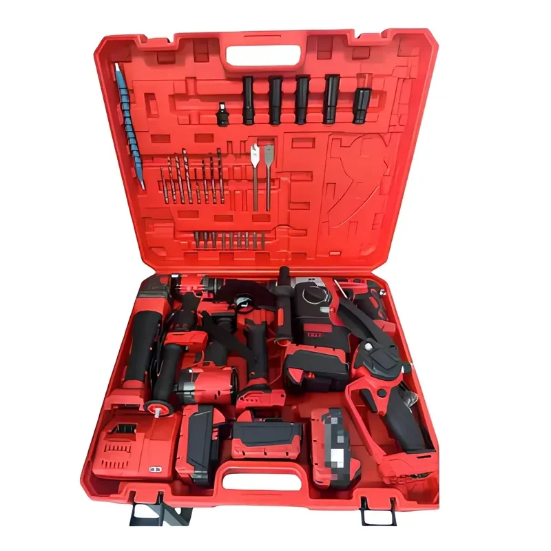 Trade China-made Lithium-rechargeable Battery Tool Set Rotary Hammer Wrench Drill Angle Grinder4/6-piece Multi Tool