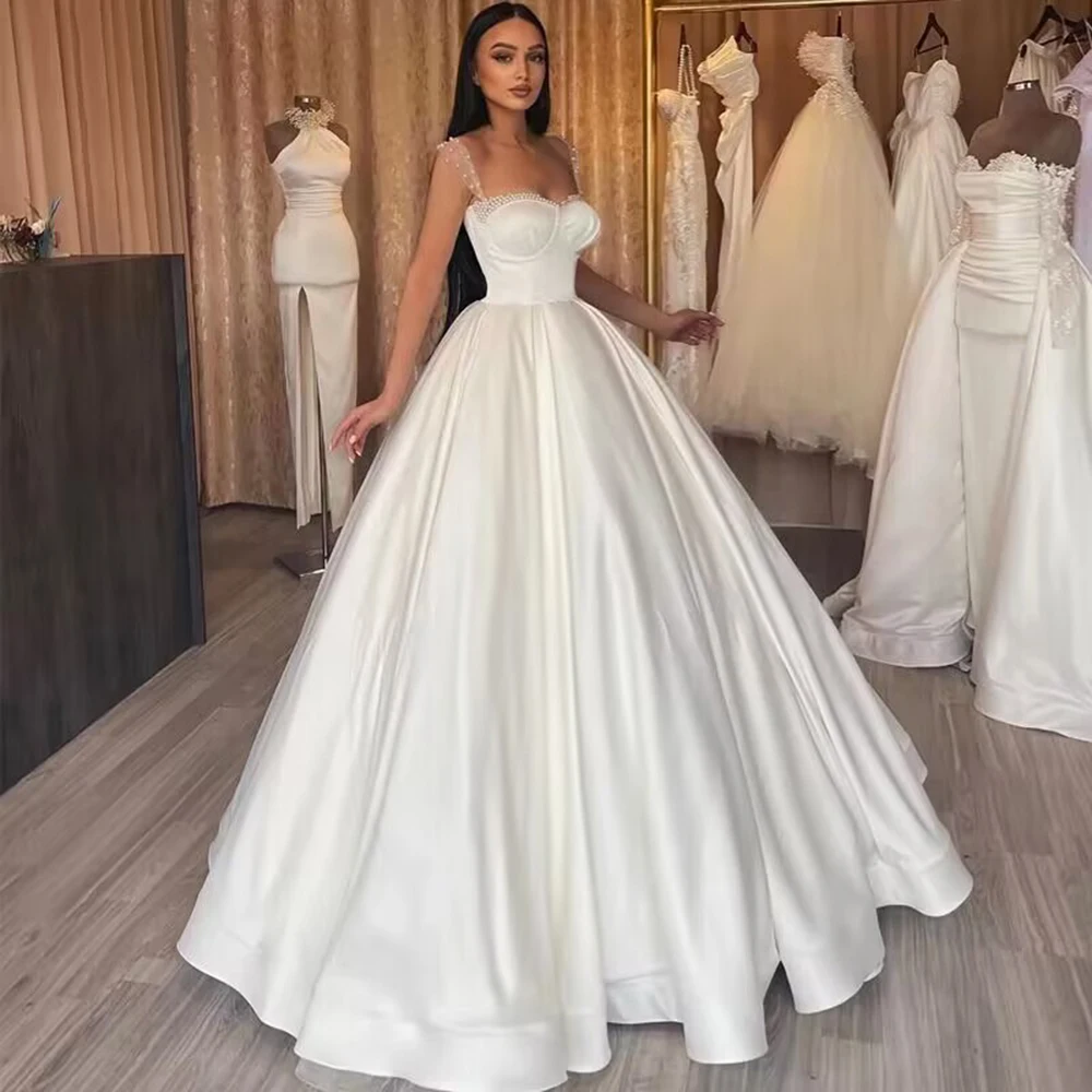 

Msikoods Sexy Satin Wedding Dresses 2023 Sweetheart Pearls Bride Dress Sleeveless A-Line Princess Wedding Gowns Bridal Gowns