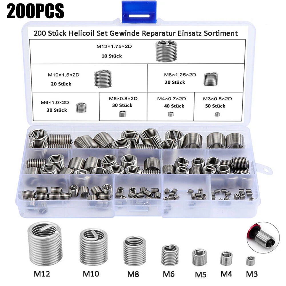 

200pcs/Box 304 Stainless Steel Thread Insert M3-12 Inner Thread Insert Assorted Set Parts Accessories