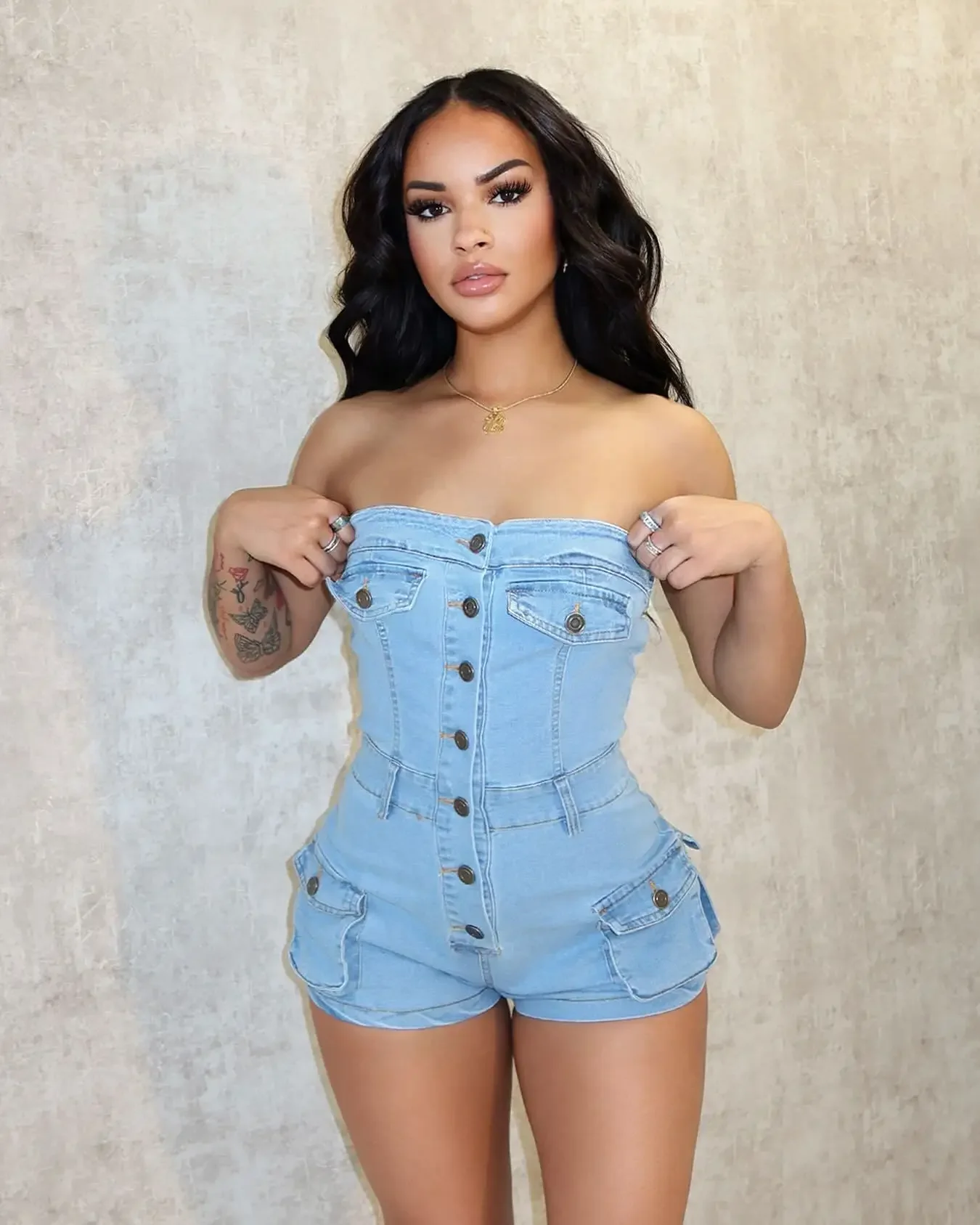 

Multi Pockets Jeans Stretch Playsuit Sexy Women Strapless Bodycon Denim Club Romper Overalls