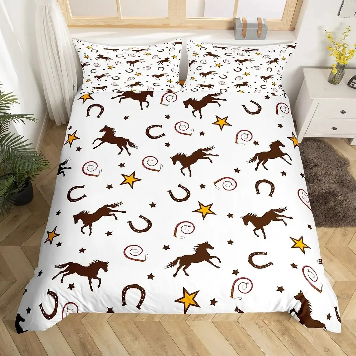 Cartoon Horse Duvet Cover King Queen Galloping Horse Comforter Cover Golden Stars Bedding Set Lovely Animal Decor Quilt Cover