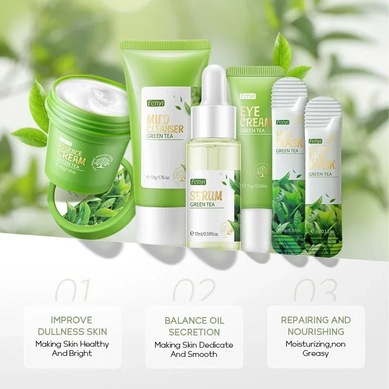 ชาเขียว Skin Care ชุด Facial Cleanser ครีมเซรั่ม Toner Sleeping Mud หน้ากาก Moisturizing Anti Aging Skin Care ของขวัญกล่อง