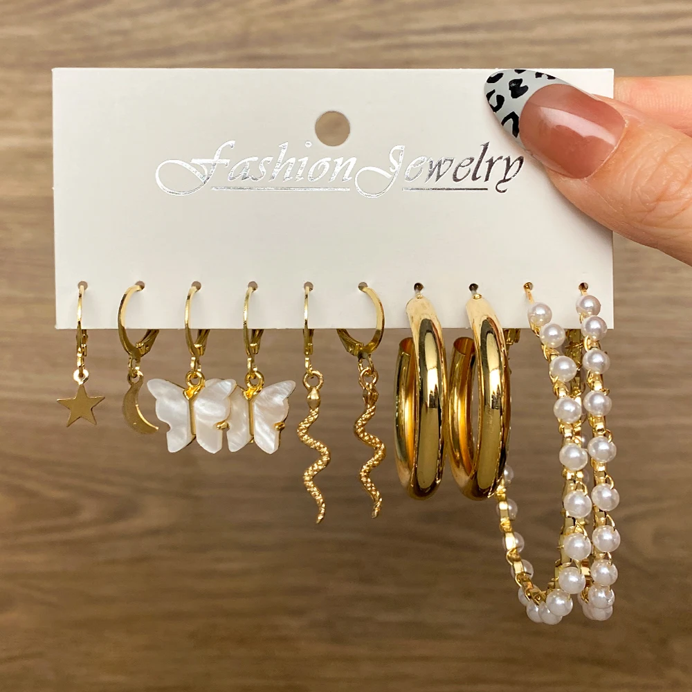 IFMIA New Metal Twist Earring Set 6 Pairs of Simple C-Type Pearl Earrings Fashion Women Gold Color Jewelry