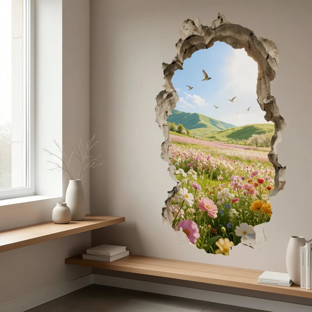 Broken‑Wall Spring Flower Sea Wall Sticker Size 40x20cm Colorful Wild Flowers Clear Sky Flying Birds Strong Visual Hierarchy