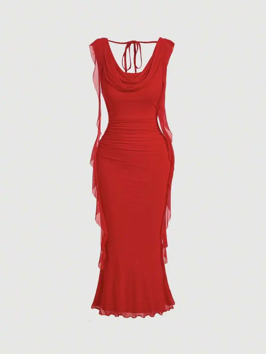 

Red Ruched Midi Dress with Draped Cowl Neck and Sheer Flounce Sleeves