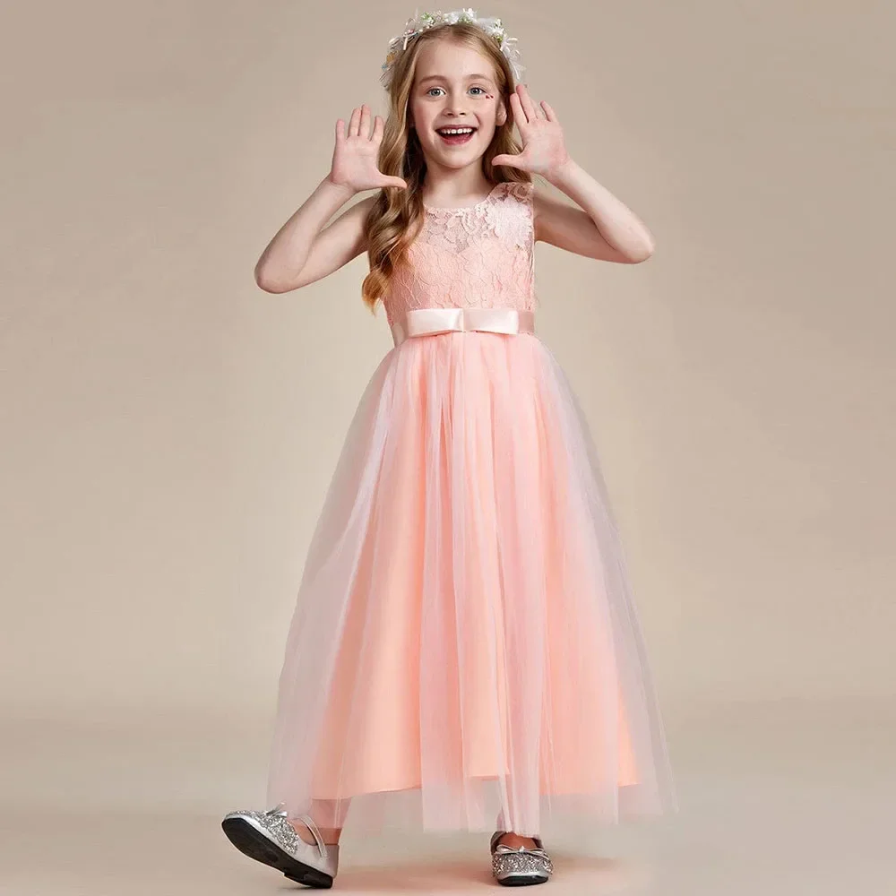 Abito da ragazza di fiore in tulle di pizzo principessa senza maniche con fiocco Abito da ballo formale per prima comunione per festa di compleanno per bambini personalizzato