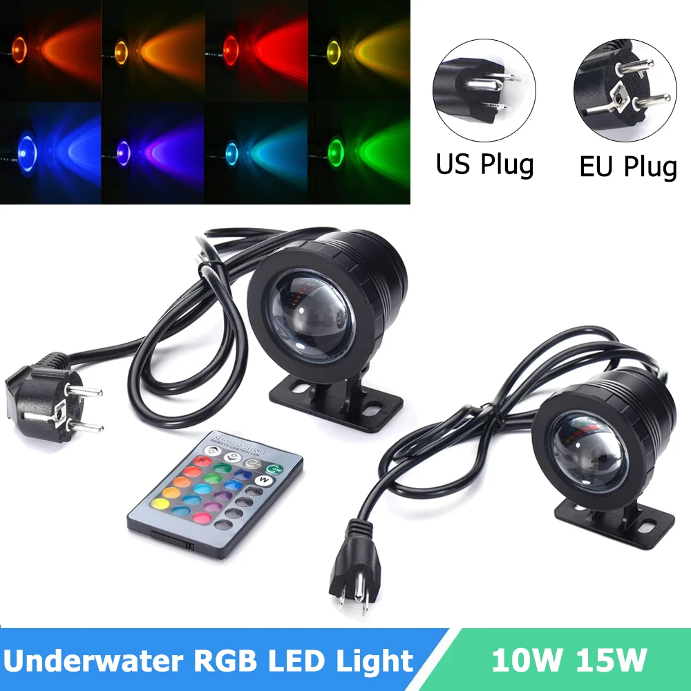 10W 15W Podwodny reflektor LED RGB Zewnętrzny wodoodporny reflektor ogrodowy Lampa do fontanny Basen Staw Akwarium Wtyczka USA / UE