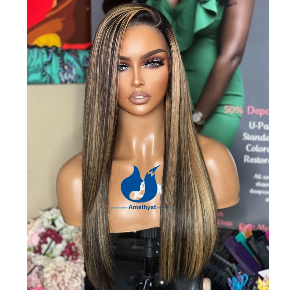 Highlight 13x4 Long Straight Lace Front Human Hair Wig For Women Pre Plucked with Bleached Knots Remy Brazilian Hair Side Part