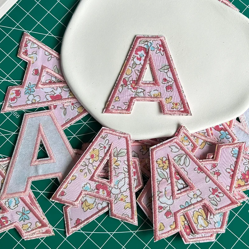 Wholesale pink floral Letters Iron on Patches Embroidery Applique for clothing