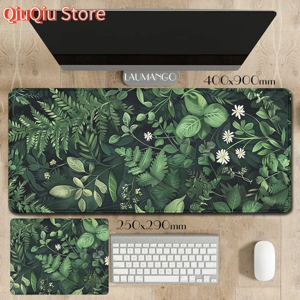 

Лесной игровой коврик для мыши, винтажный цветочный зеленый лист, эстетический большой игровой коврик для мыши, геймерский настольный коврик, настольный коврик в стиле природы