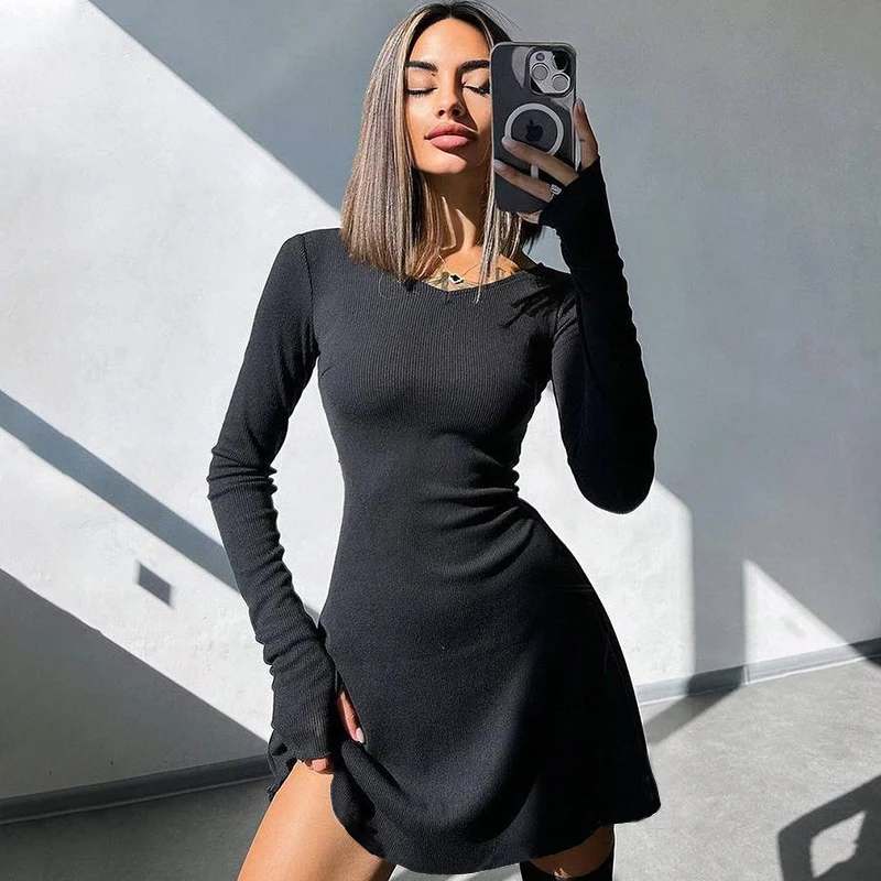 

New Female V Neck Long Sleeve Slim Solid Color Mini Dress Elegant And Pretty Women Dresses Autumn Winter Black Sexy Short Dress