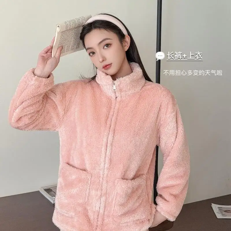 

Осенне-зимние однотонные пижамы для девочек, теплая ночная рубашка из кораллового флиса, которую можно носить в качестве верхней одежды, женская одежда для сна на молнии, домашняя одежда