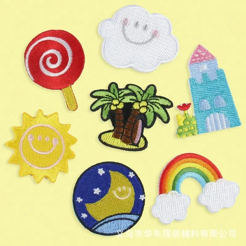 Burnt Edge Computer Embroidery Cartoon Sun Rainbow Embroidery Cloth Sticker Children's Clothing Accessories Adhesive DIY Patch