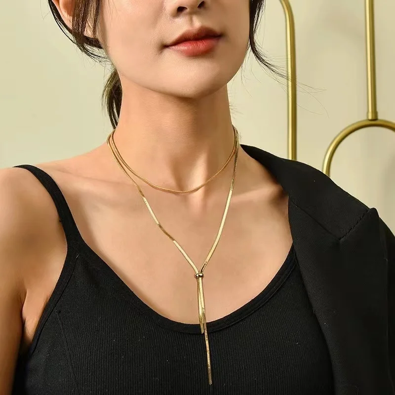 EILIECK 316L Stainless Steel Drawstring Tassel Long Necklace For Women Girl Fashion Gold Color Flat Snake Chain Jewelry Gift