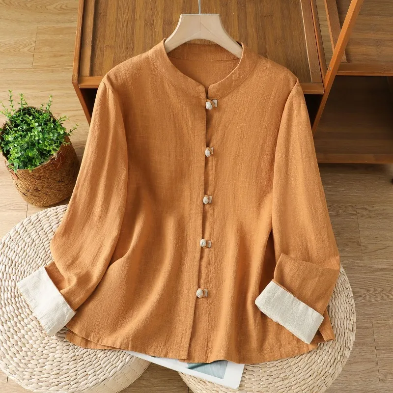 

Новый женский кардиган контрастного цвета с длинными рукавами и воротником-стойкой на пуговицах в стиле ретро Zen Metion Tea, свободный топ из хлопка и льна