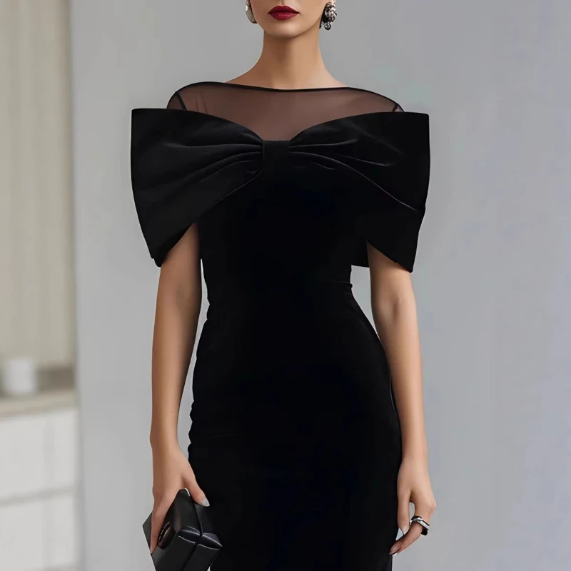 

2026 Spring New Style One Word Neck Off Shoulder Mesh Splicing Gold Velvet Dress for Women