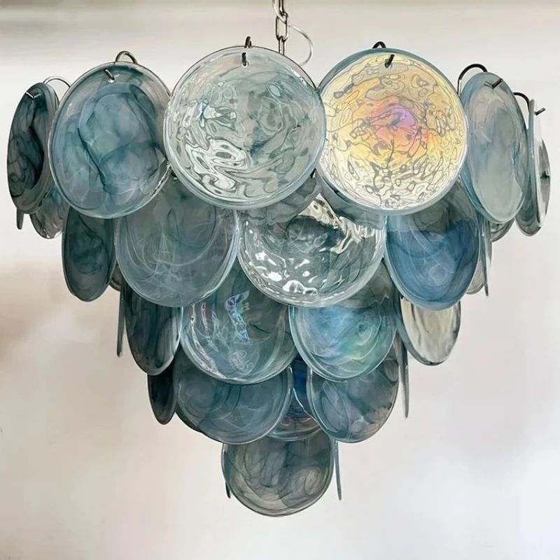

French antique designer living room dining room stairwell blue disc glass chandelier