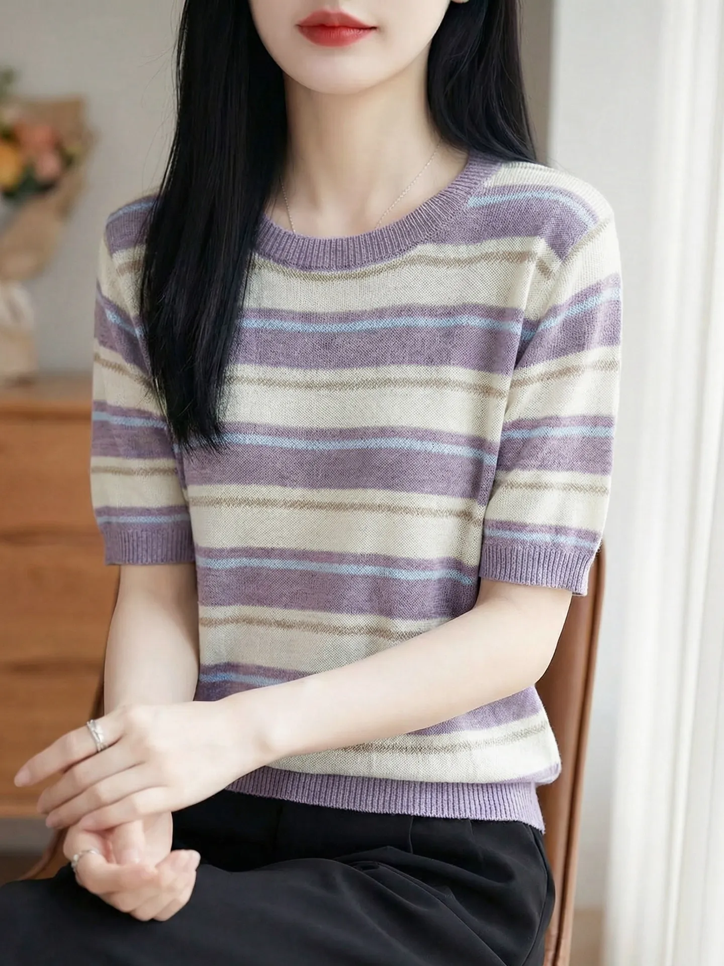 

Женский трикотажный топ Slim Fit в полоску с коротким рукавом и круглым вырезом, тонкий, ультратонкий, новая коллекция Весна-Лето, повседневный стиль, свободный крой, трикотаж...