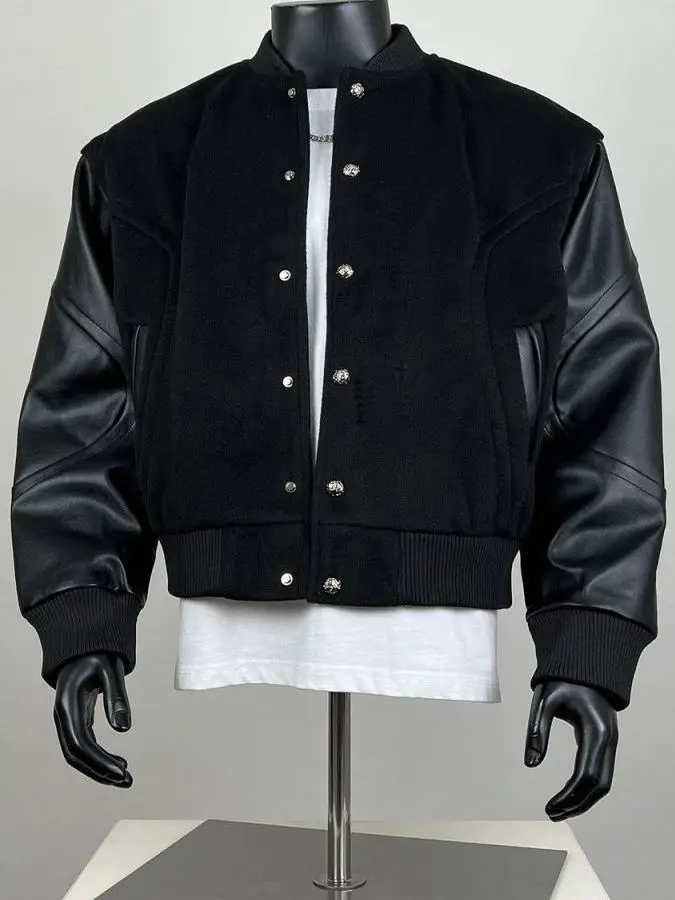 

Мужская куртка из искусственной кожи в американском ретро-стиле, свободного кроя, модная черная верхняя одежда, в мотоциклетном стиле, трендовая, брендовая, с воротником-стойкой, длинная