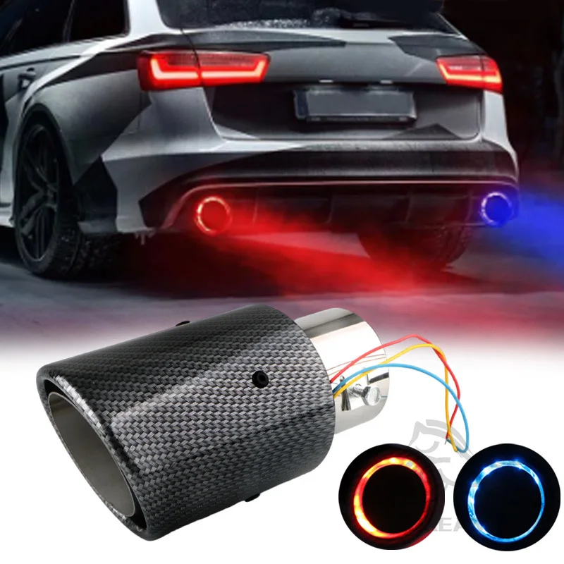 63-65mm Car Muffler With LED Flashing Decorative Light Flaming Luminous Motorcycle Exhaust Pipe Tail Vent Carbon Fiber