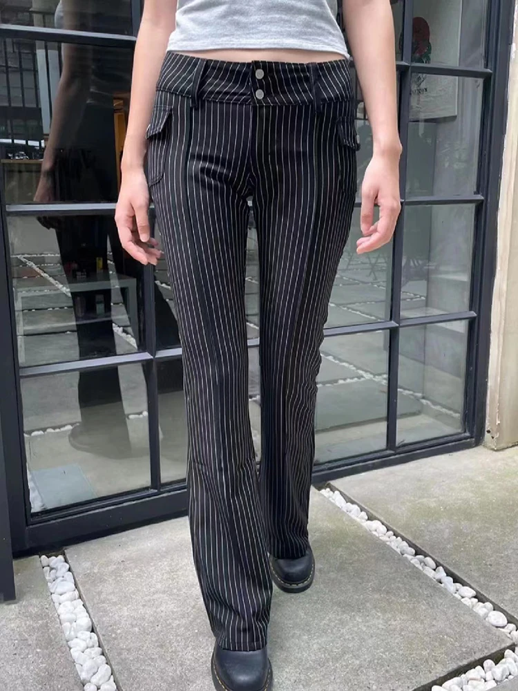 Vintage Striped Slim Flare Pants Autumn Cotton Low Waist Casual Pocket Cargo Pants Women Y2k Streetwear Straight Trousers Chic