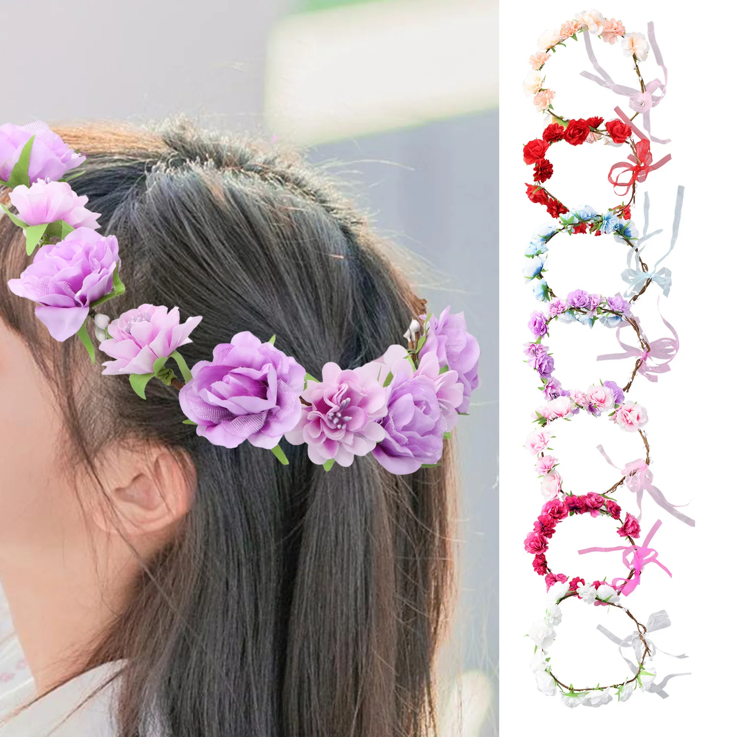 1pc Women Floral Wreath Red Rose Flower Crown Girls Bohemia Garland Headpiece with Adjustable Ribbon Bridal Wedding Accessories