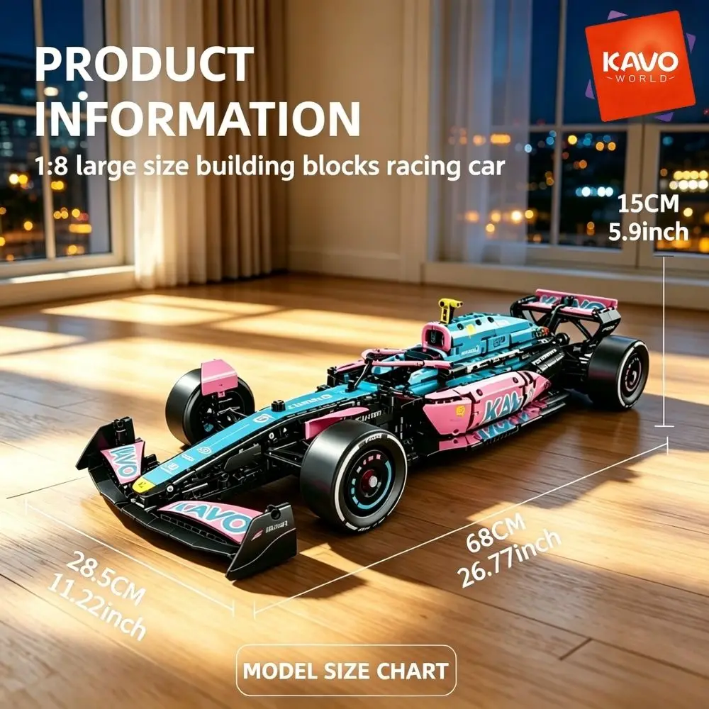 KAVOWORLD 1:8 Pink-blue Formula Racing Car Building Block Kit 1768pcs Technical Mechanical Racing Bricks Set DIY Construction Vehicle Toy with Steerable Wheels Openable Cockpit Simulated Engine for Home Office Display Christmas Birthday Gift for Teens 14+