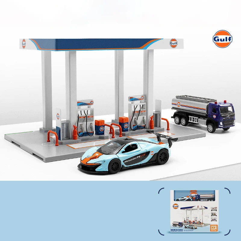 CCA  P1 Nissan GTR Shell Gulf Oil Gas Station Co branded Assembly Gas Station Alloy Car Model Toy Set Scene Decoration