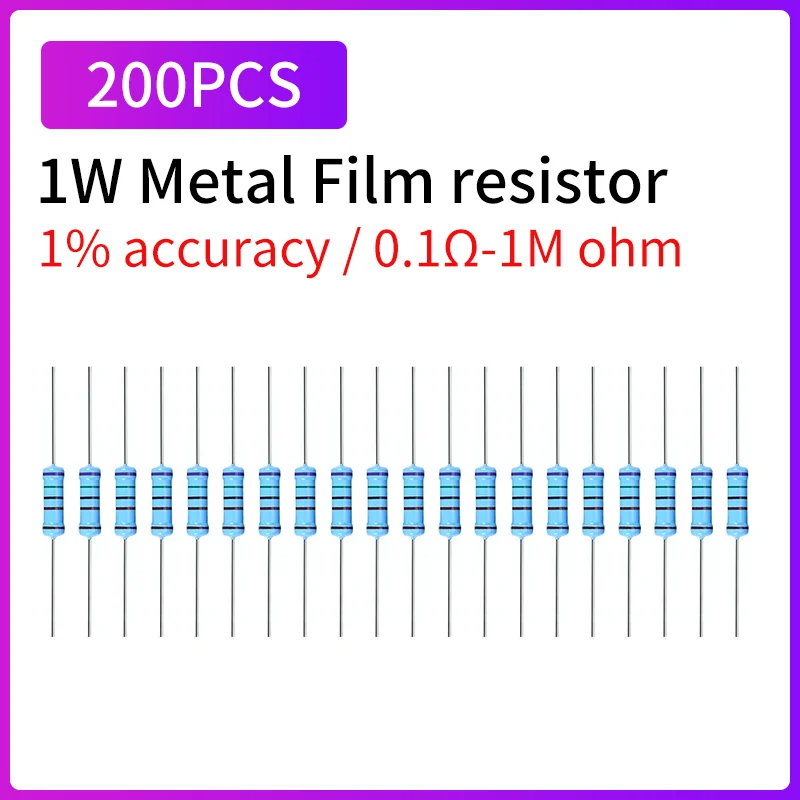 200PCS Each Value Metal Film Resistor 1W 1% 0.1Ω-1MΩ Precision Fixed Ohm Resistors for DIY Electronic Circuit Board Kits