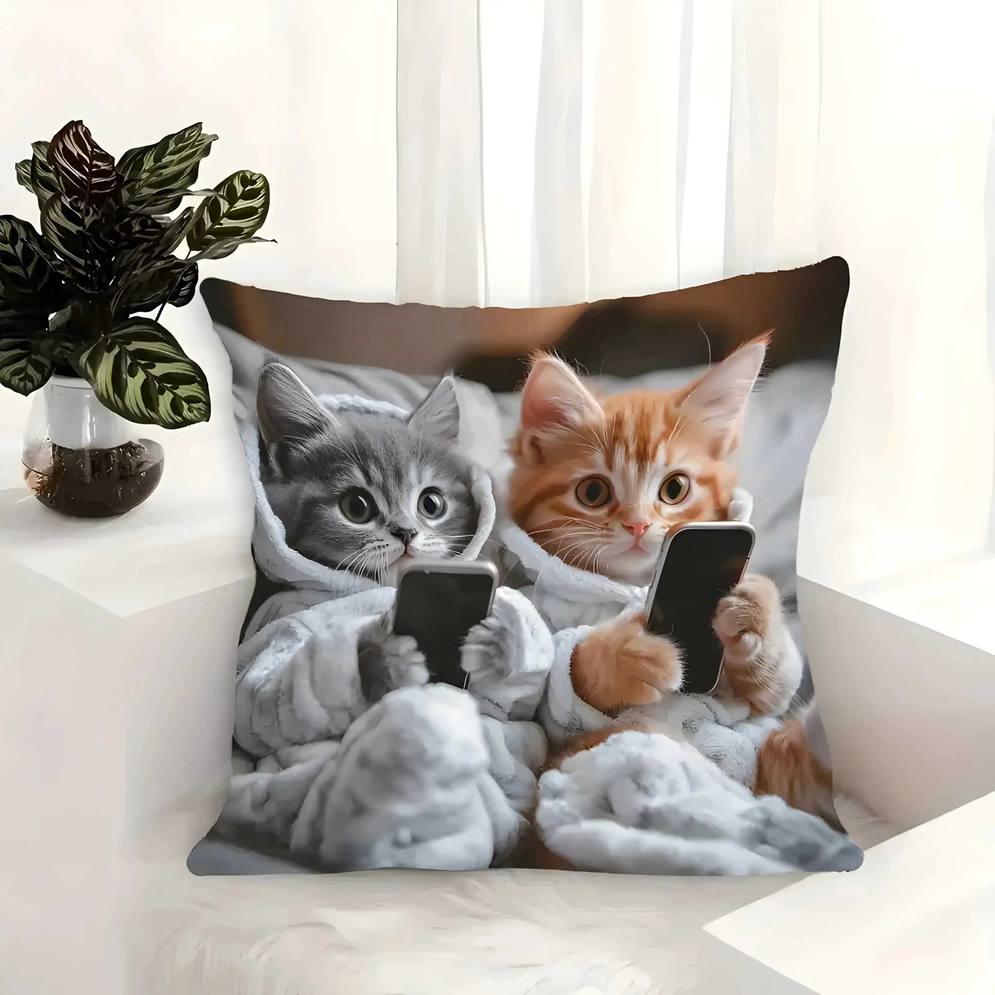 1pc Pajama Cats Playing Phone Throw Pillow Cover,Suitable for Sofa,Bedroom,LivingRoom,GamingRoom,Cute Healing Gift for Cat Lover