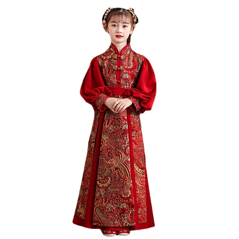 Girls Red Chinese New Year Clothes Vintage Long Cheongsam Party Wedding Flower Girl Dresse Dance Costumes Girls Hanfu Dress