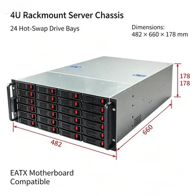Rack‑Mount 4U Server Storage Chassis,24 Hot‑Swap HDD Slots EATX Dual Mainboard Holder for Cloud Computing Storage