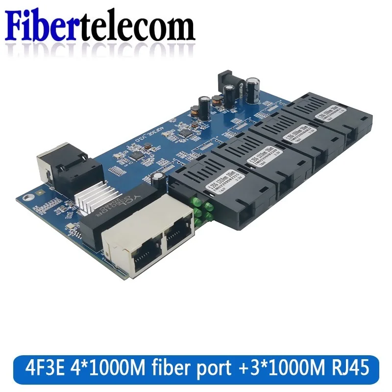 Convertidor de medios de fibra óptica Gigabit SC 100/1000M placa PCBA monomodo 4 fibra 3 RJ45 Ethernet interruptor transceptor Simplex