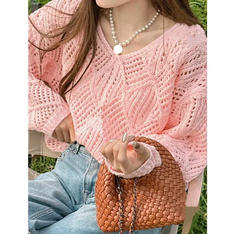 Pullovers Women Pointelle Knit Top Long Sleeve Semi Sheer Sweater Pink Purple Jumper Teen-girl Spring Summer Fairycore Outfit