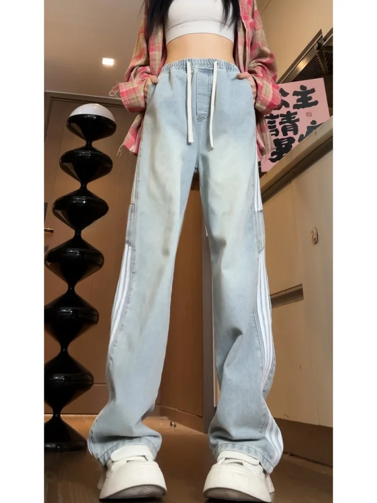 

American High Street Men's Jeans Spring Autumn Loose Straight Loose Wide Leg Pants Tee Bar Stripe Splicing Trendy Street Sle