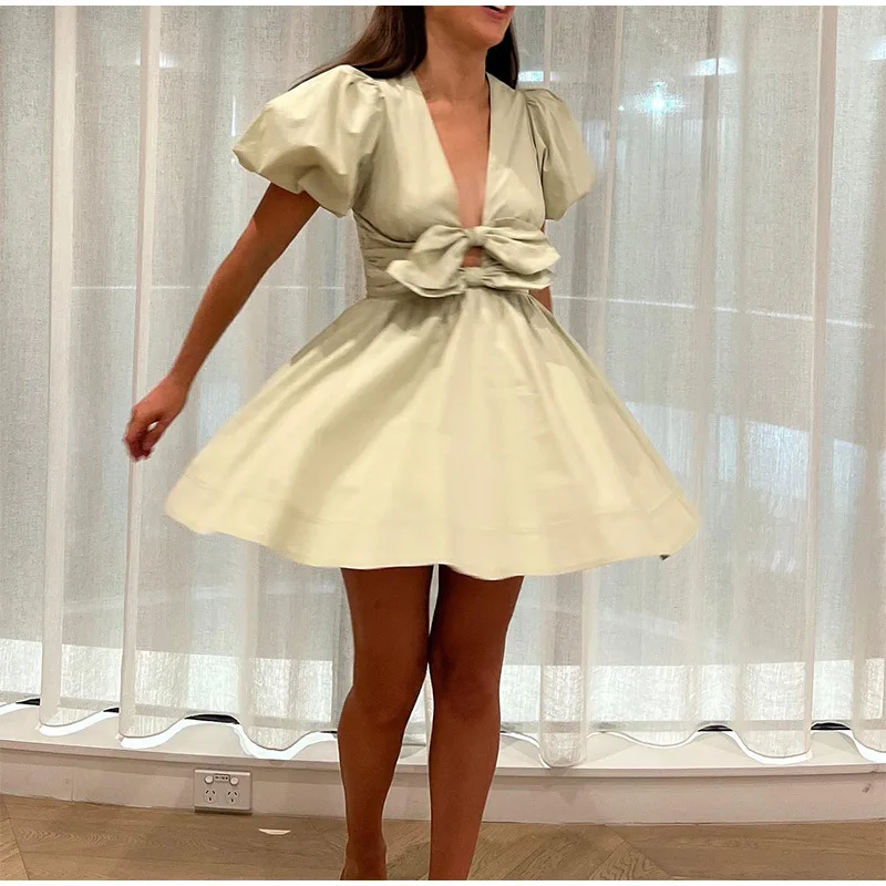 New European and American cross-border women's clothing wholesale women's bubble sleeve bow decoration elastic waist dress