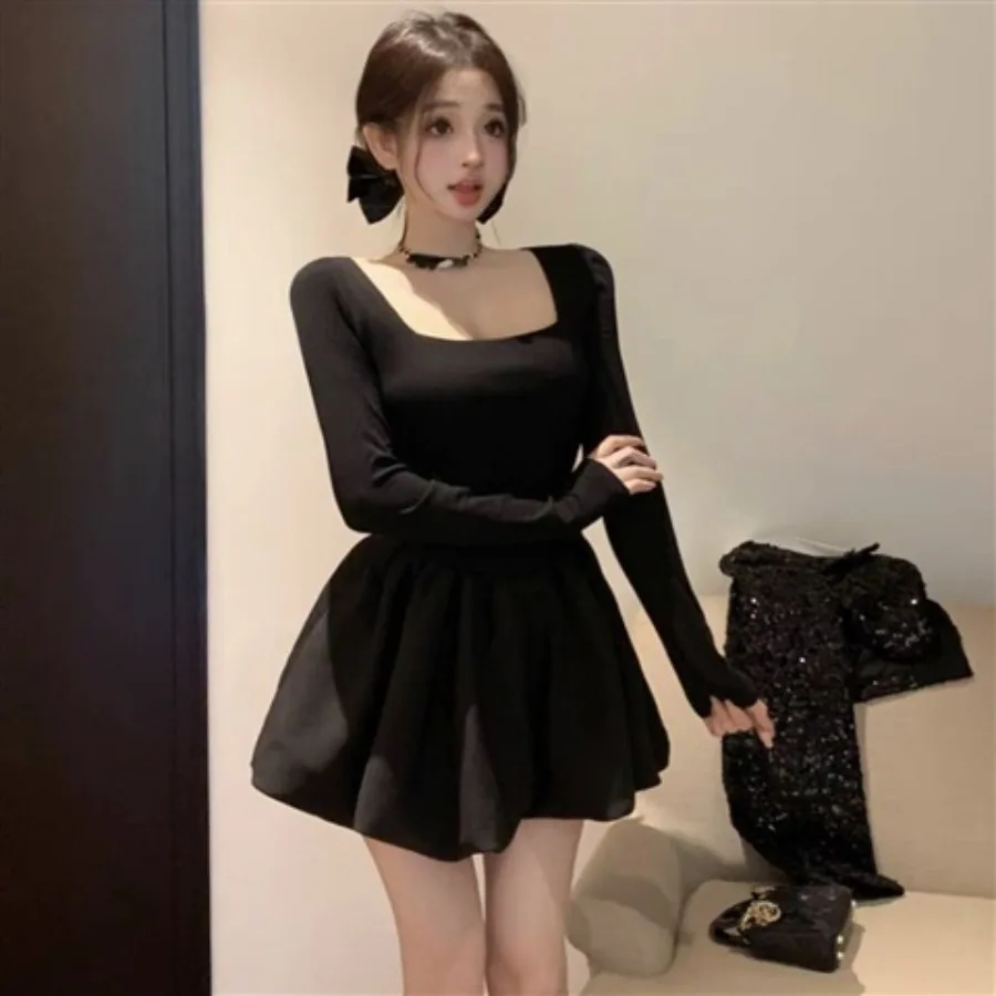 

【New style】Hepburn style high-end square collar long-sleeved dress for women, French waist waist, slimming temperament, small b