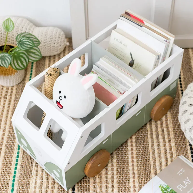 Wooden Bus Storage Cart Picture Book Organizer Movable Divider Bookshelf Bay Window Bedside Durable Design Easy Mobility