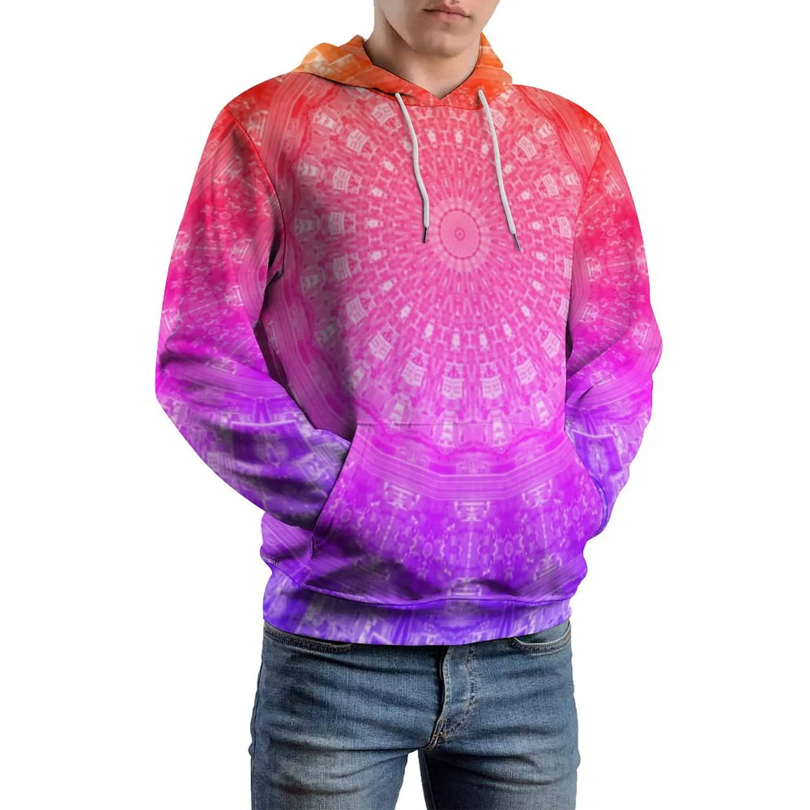 

Rainbow Mandala Casual Hoodies Long Sleeve Ombre Flower Print Retro Hoodie Winter Street Fashion Design Oversized Top