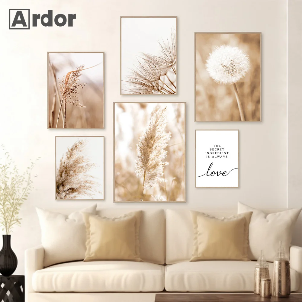 Beige Nature Scenery Poster Dandelion Hay Reed Dried Flowers Art Canvas Painting Nordic Print Wall Pictures Living Room Decor