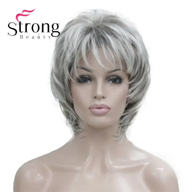 StrongBeauty Short Soft Shaggy Layered Silver Mix Classic Cap Full Synthetic Wig Women\'s Wigs Blonde COLOUR CHOICES