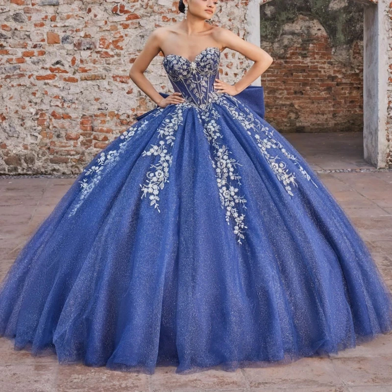 

Темно-синее платье Quinceanera с открытыми плечами и блестками, аппликация, кружево, бусы, бант, тюлевое бальное платье, Vestidos De 15 Anos Sweet 16, платье